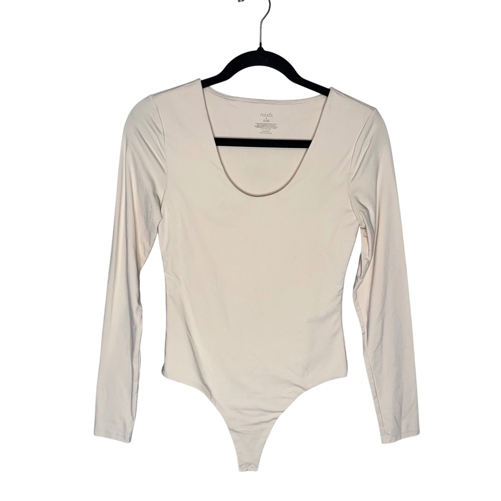 Nuuds Bodysuit Women Small Cream Excellent Scoop‎ Neck Long Sleeve Thong Snap
